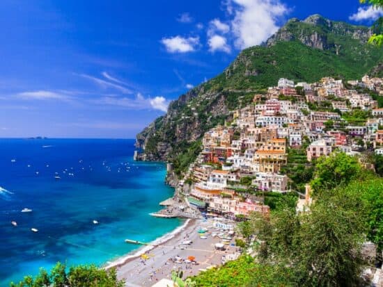 A beautiful view of Positano Beach a great choice when looking for where to stay on the Amalfi Coast.