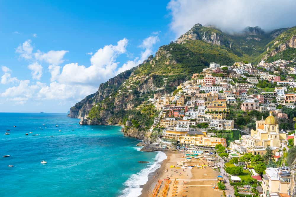 The hilly, beachside town of Positano, an amazing choice of where to stay on the Amalfi Coast
