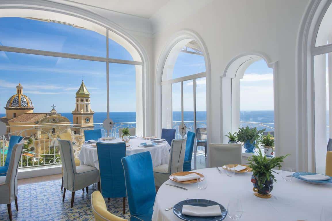 A view of the dining room in Tramonto d''Oro, Praiano. It's where to stay on the Amalfi Coast!