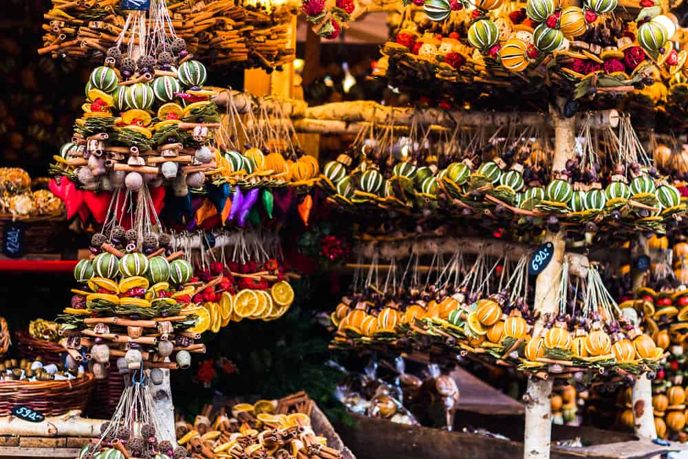 Christmas market trinkets sold by vendors during Budapest in winter