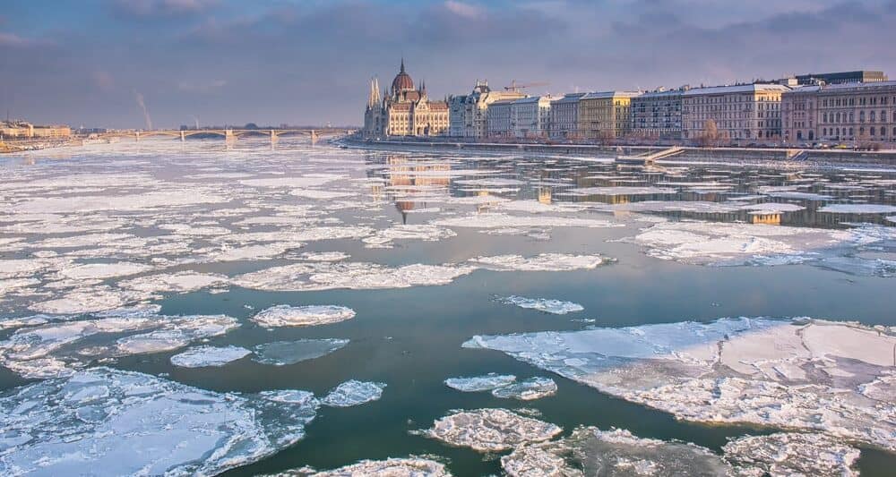 Frozen Danube River during Budapest in winter