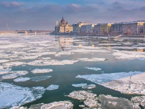 Frozen Danube River during Budapest in winter