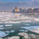 Frozen Danube River during Budapest in winter