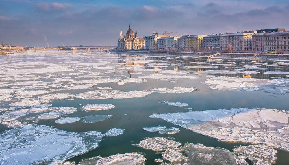 Frozen Danube River during Budapest in winter