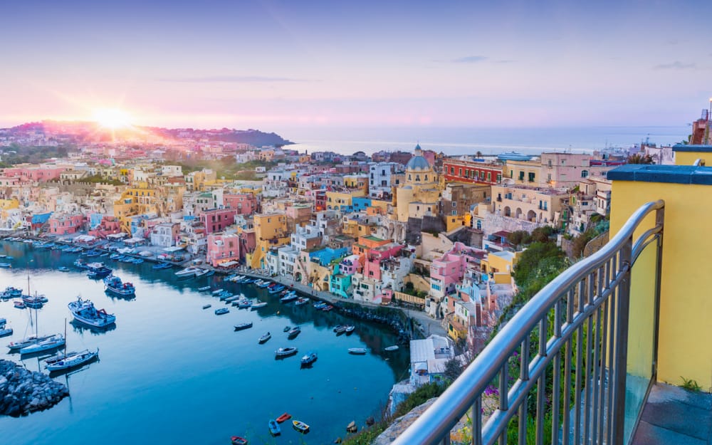 Procida at sunset from a balcony in Italy