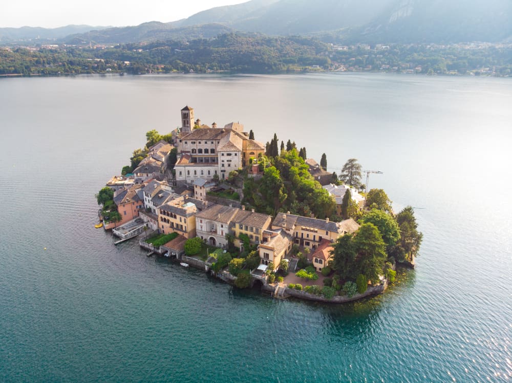 isola San Giulio at sunset by drone