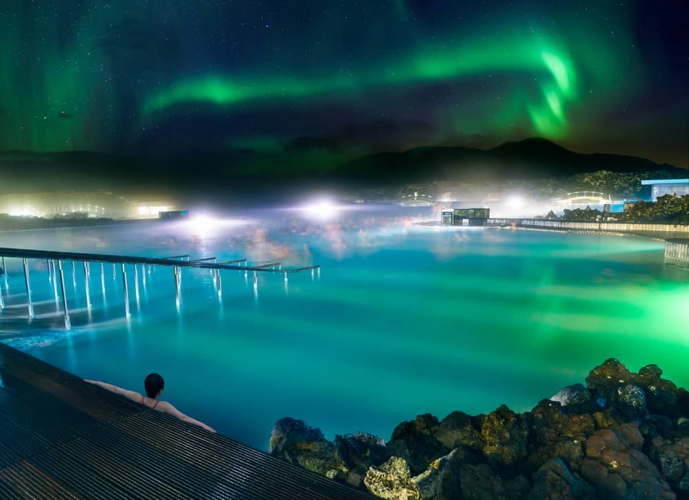 Northern Lights over the Blue Lagoon in Iceland in January