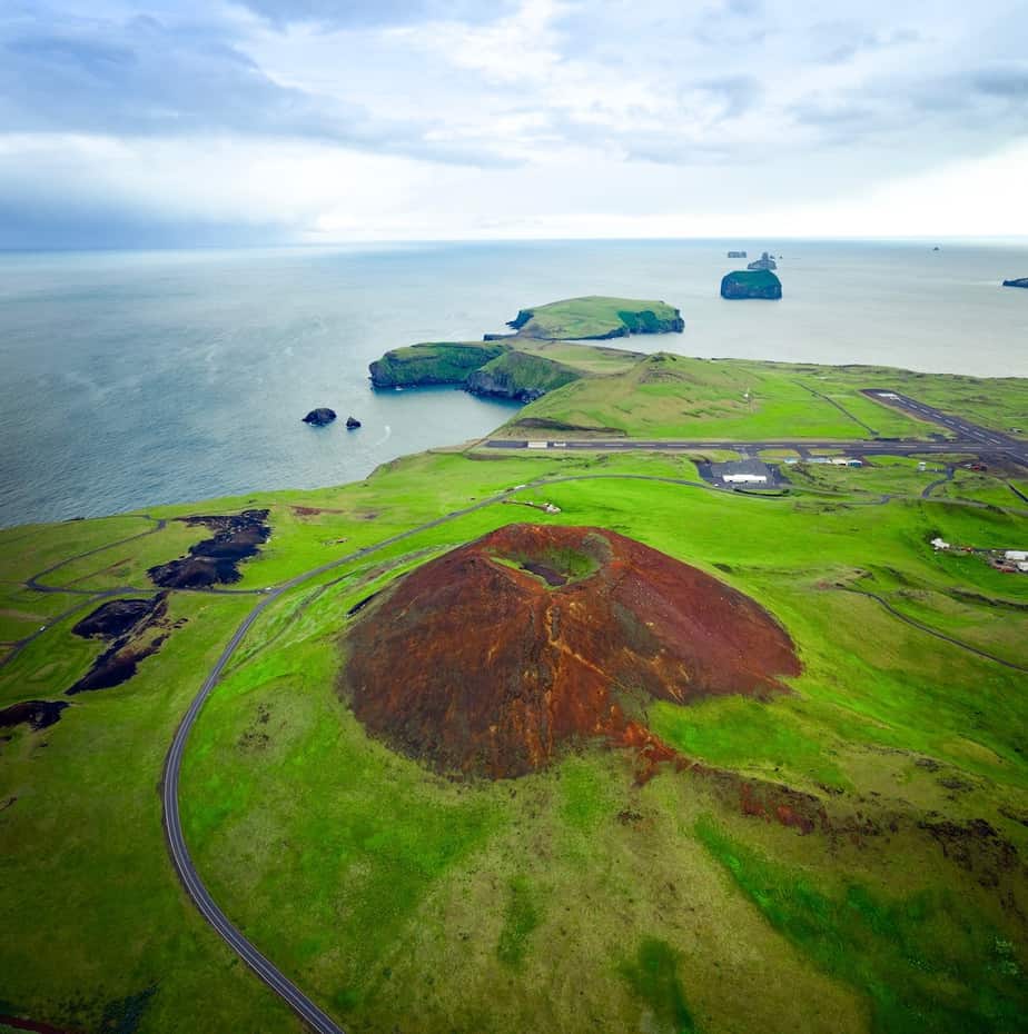 drone view of a volcano in iceland