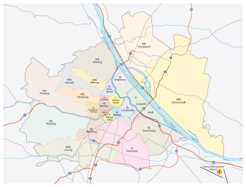 map of the districts in Vienna Austria