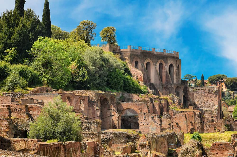 The ruins and greenery of Palatine Hill in Rome.