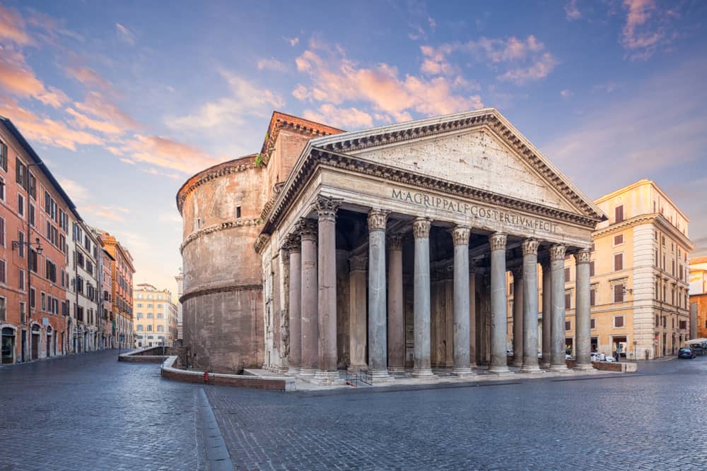 Pastel sunrise over the columned Pantheon during 2 days in Rome.