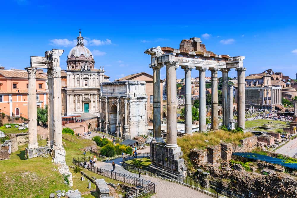 The Roman Forum is full of ancient Roman Ruins but is still beautiful. 