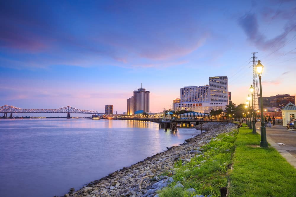 Sunset along the Mississippi river in New Orleans 