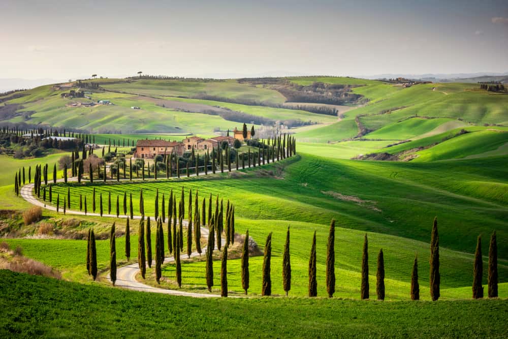 Val d'Orcia valley with green rolling hills and trees with small villages in the background