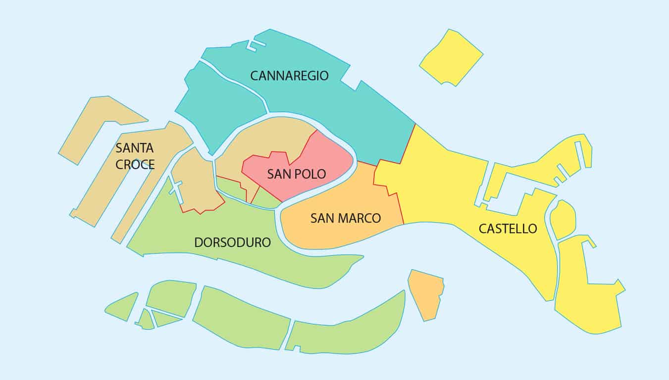 A map of the neighborhoods of Venice, helpful when deciding where to stay in Venice
