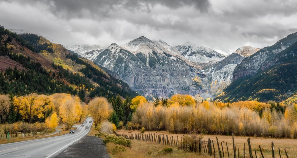 cars taking a colorado road trip with leaves in the foreground and mountains in the background