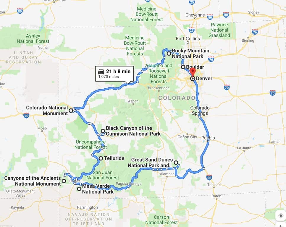 a detailed colorado road trip map taken as a screen shot from google maps