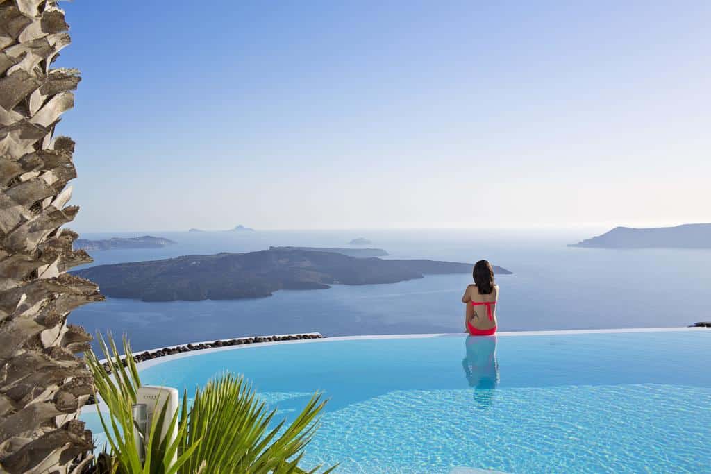 Photo of the infinity pool at Alta Vista Suites in Santorini, an excellent Greece Honeymoon location.