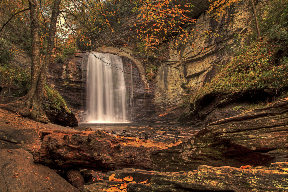 looking glass falls with fall foliage in north Carolina 