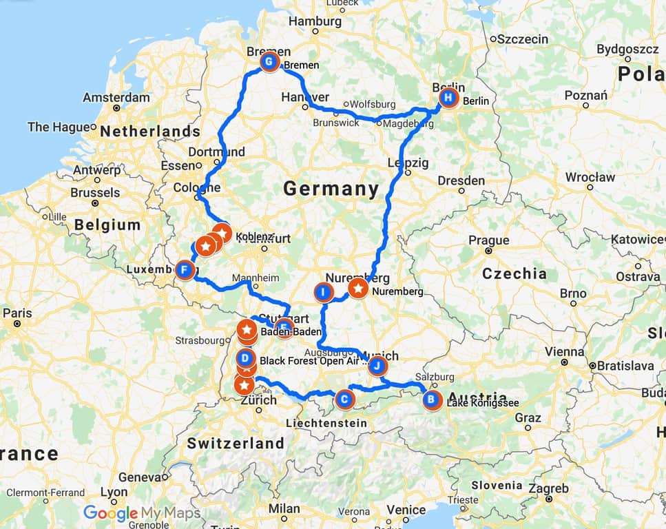 map of your Germany road trip route