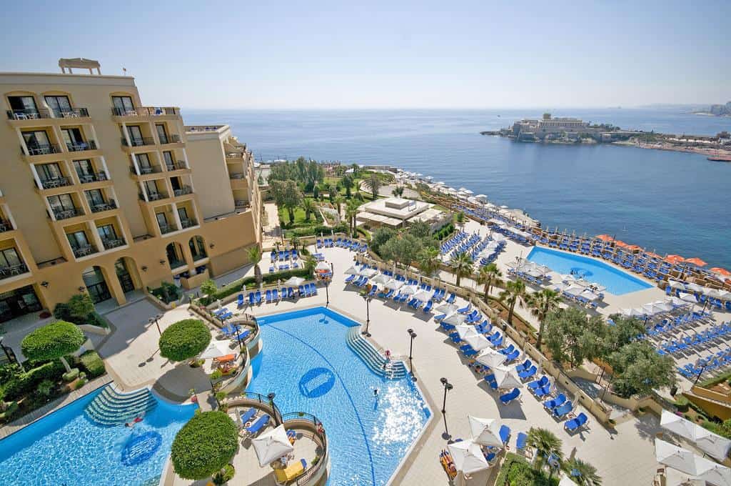 where to stay in Malta in St Julians Bay is Corinthia Hotel St Georges Bay with its five pools