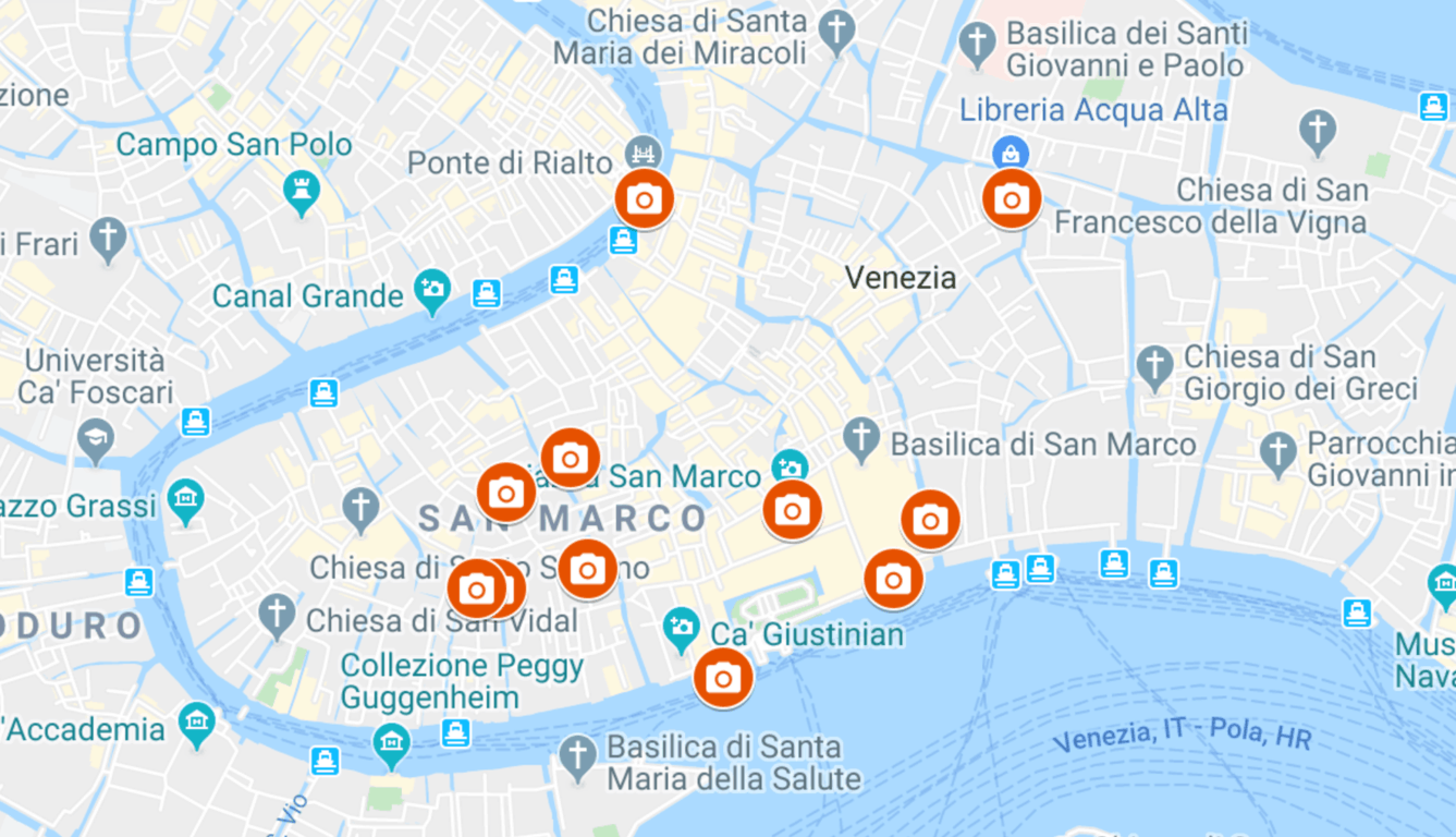 Map of the most Instagrammable places in Venice, Italy.