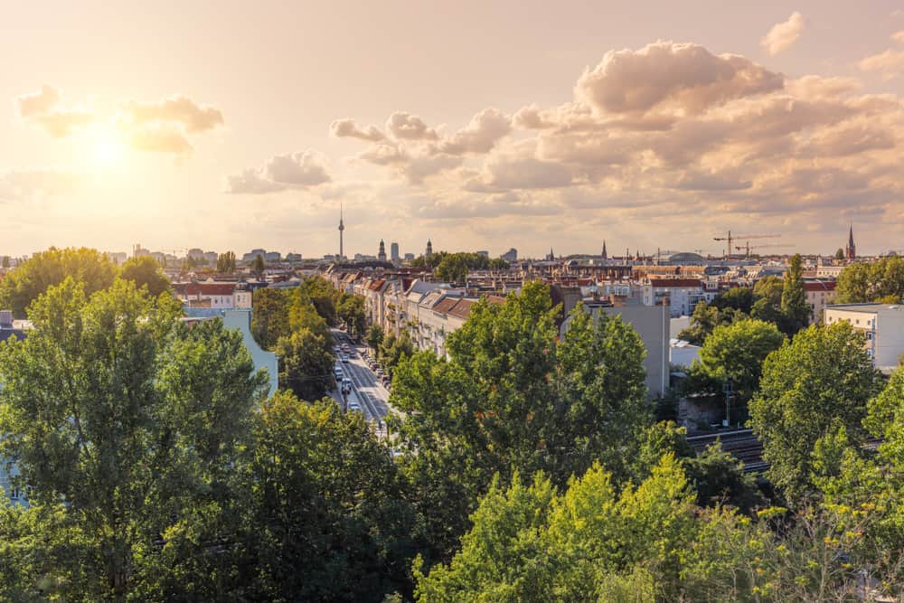 Golden hour aerial view of the Friedrichshain neighborhood and park.