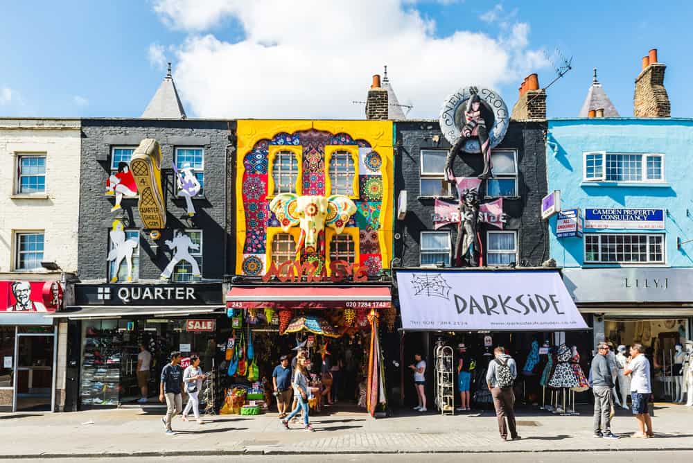 Hip and colorful shops with cool decorations on the fronts in Camden.