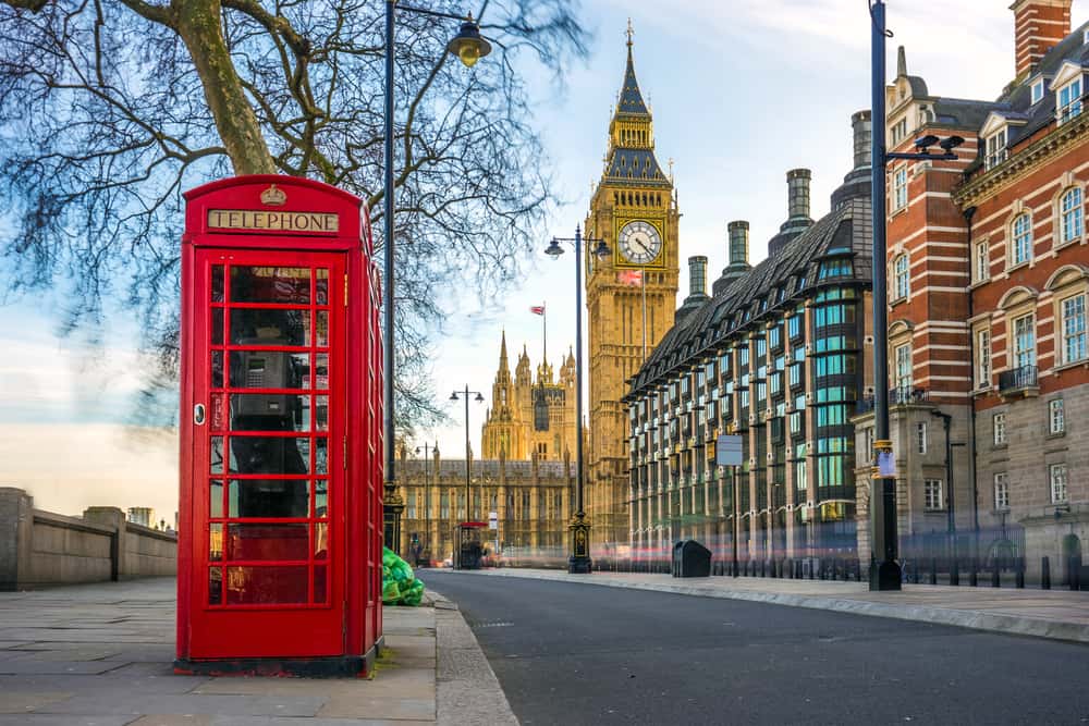 A classic red telephone booth with Big Ben in the background.