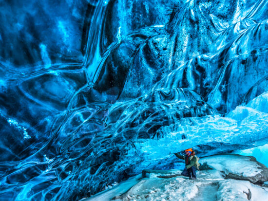 a Vatnajokull ice cave in Iceland in March