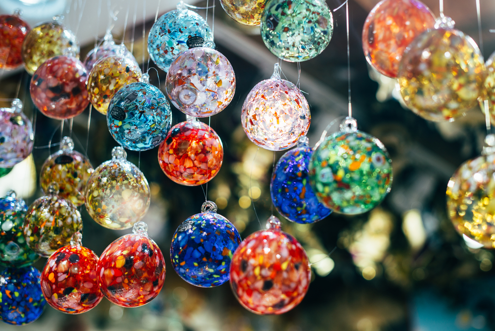 Hanging orbs of colorful Murano glass.