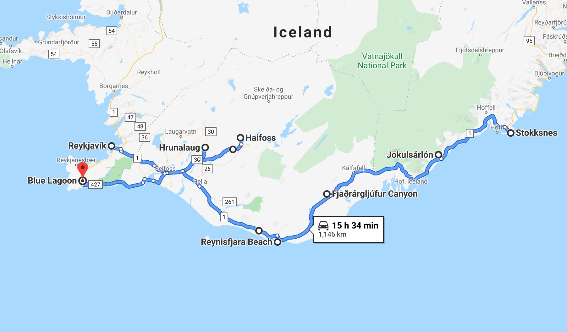 screen shot of 4 days in iceland itinerary map from google maps showing stops along the way