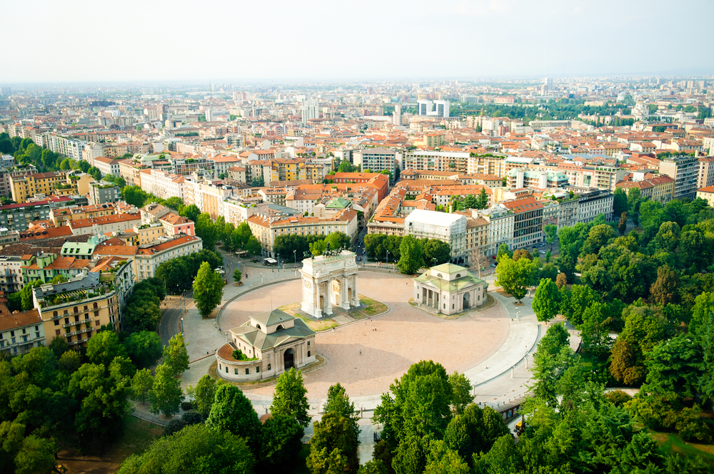 aerial view of Milan with roundabout and archway Northern Italy Itinerary