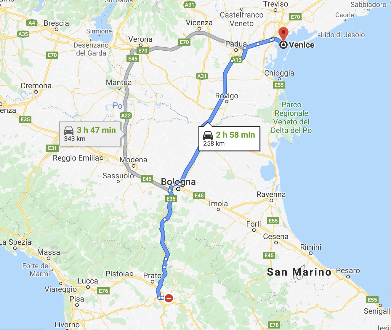 Google Map of Florence to Venice Distance