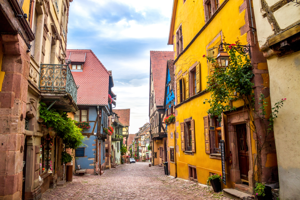 Half-timbered buildings line the streets of Riquewihr