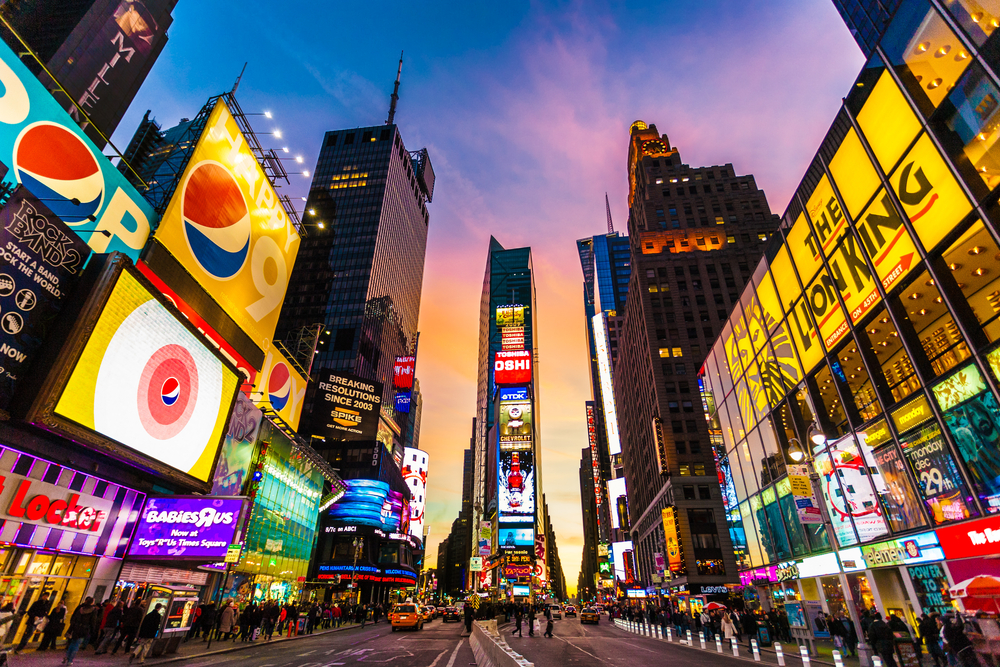 Times Square busy at dusk