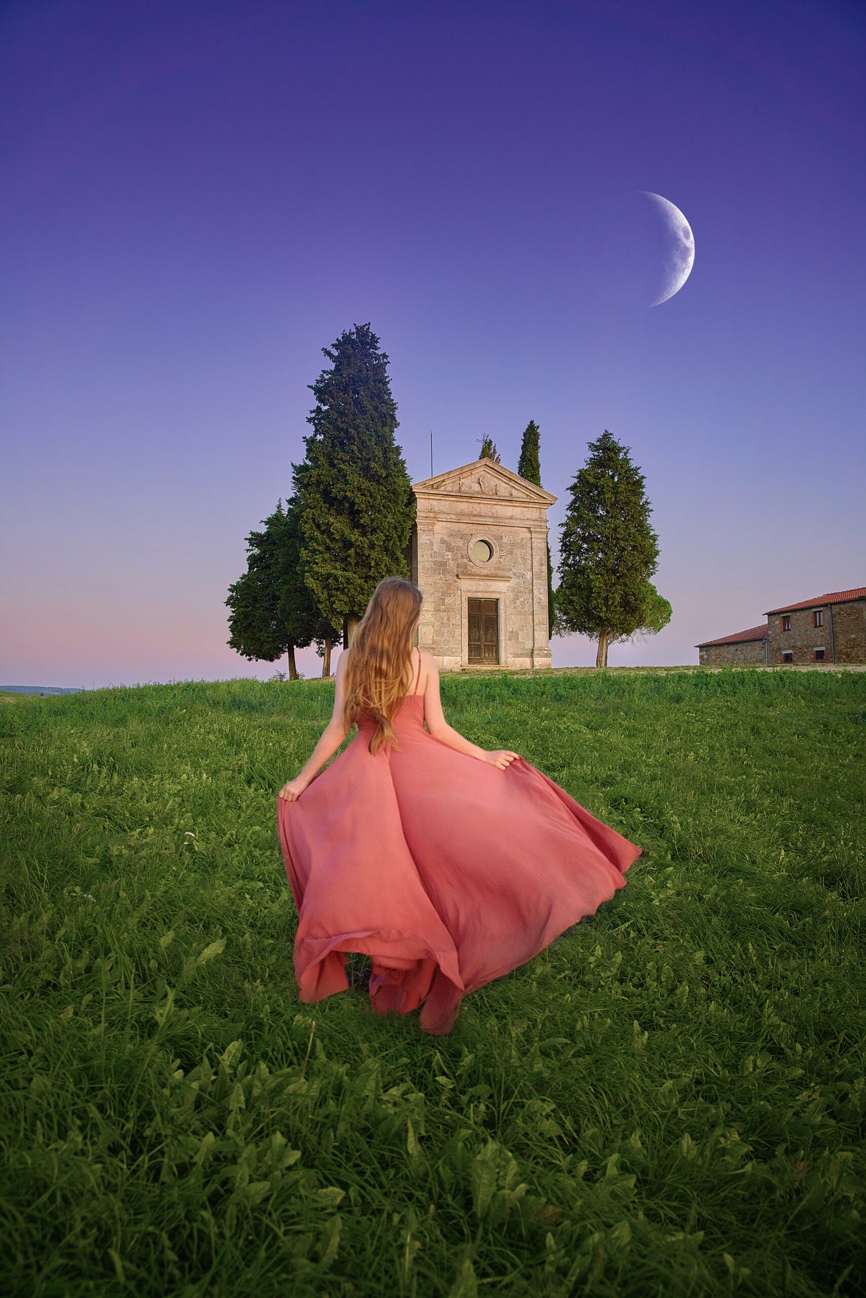 A woman in a pink dress runs to the Chapel of the Madonna di Vitaleta under a crescent moon.