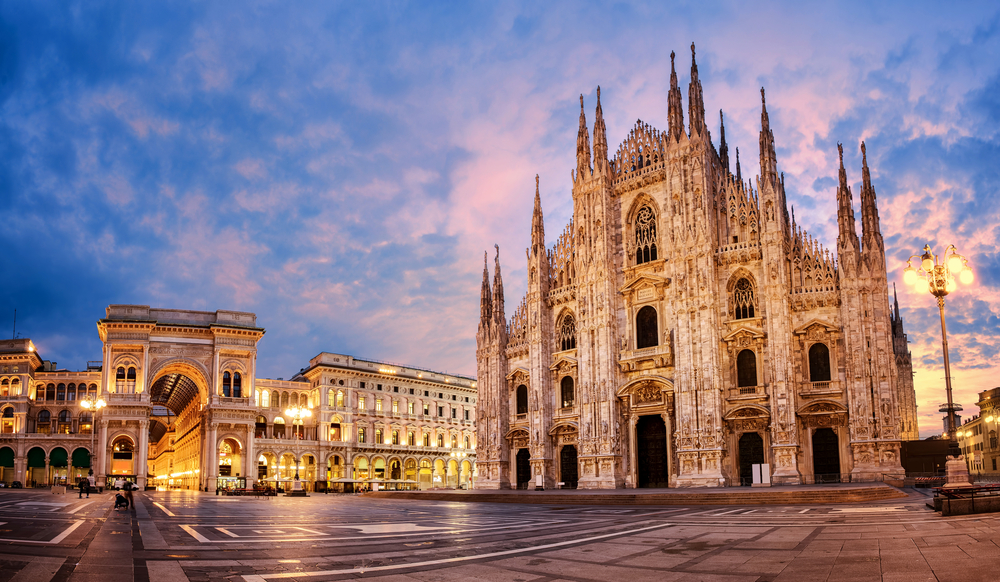 Milan cathedral with pink moody sky