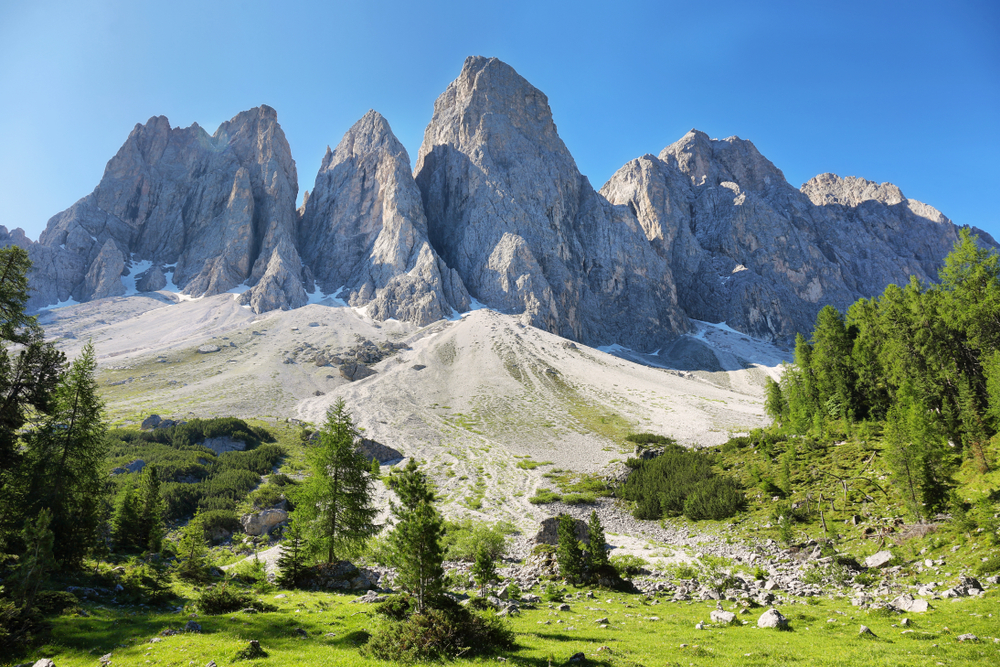 Zanser Alm seen from Dolomites hiking trail, Adolf Munkel.