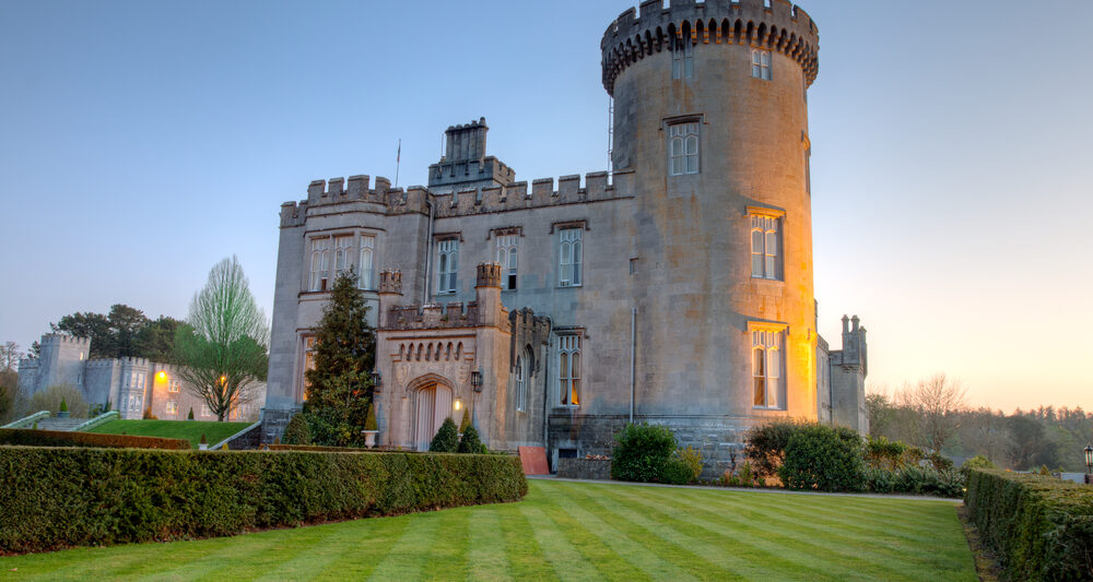 A fancy castle hotel in the Irish countryside.