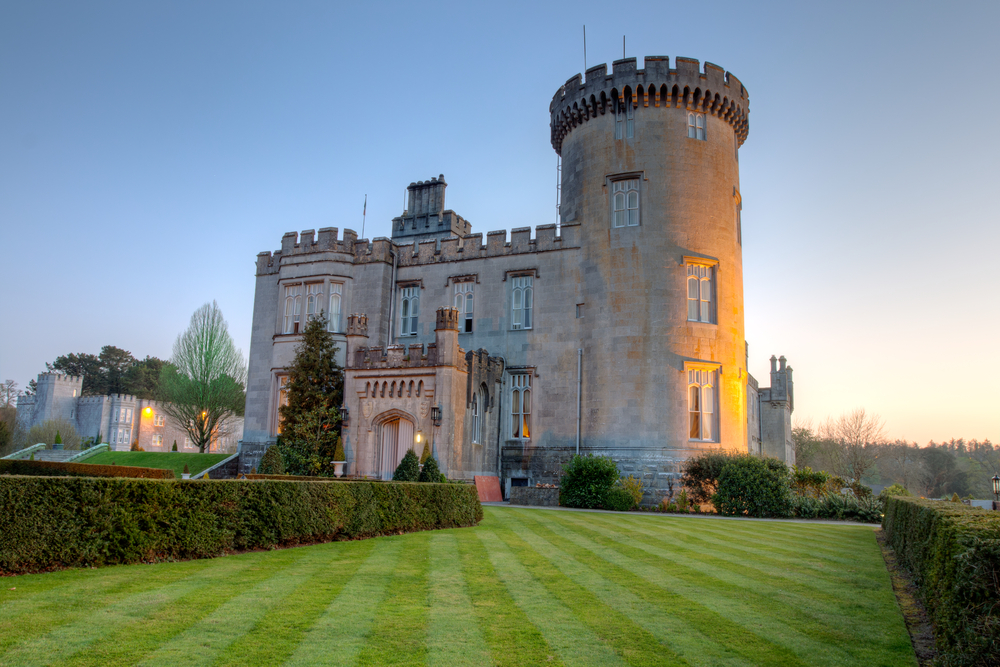 A fancy castle hotel in the Irish countryside.