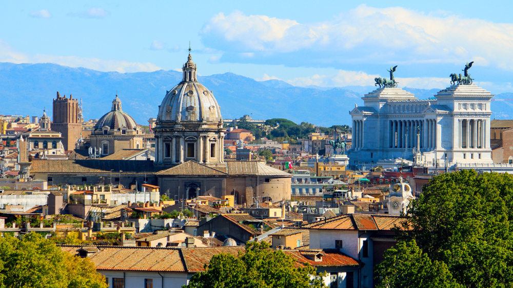 View of St. Peter’s Basilica and the Altare della Patria from Gianicolo Hill