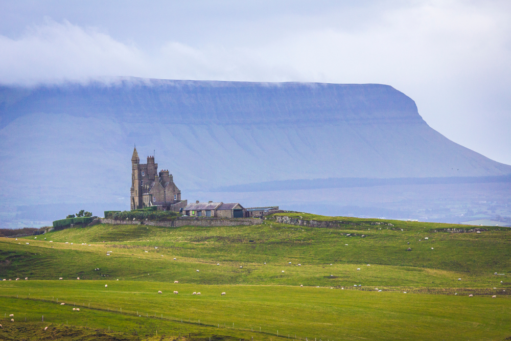 Classiebawn Castle against the gren Irish landscape