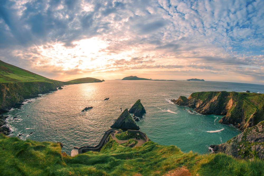 Sweeping view of Dunquin Harbour in Ireland at sunset