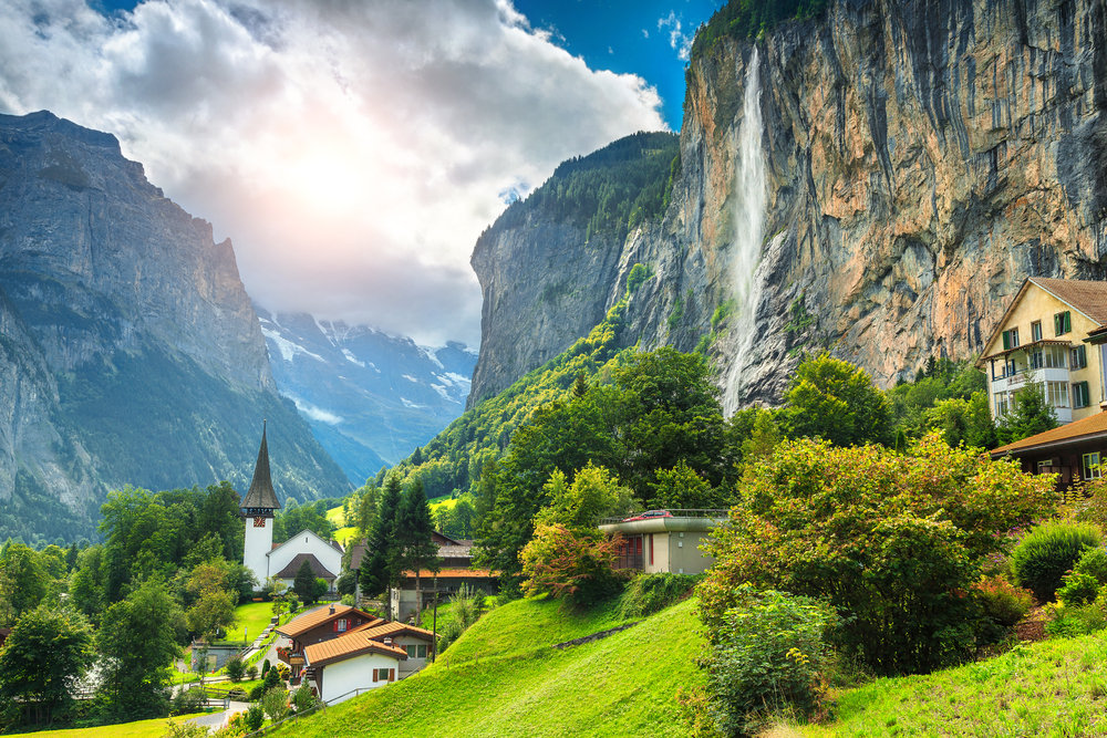 The Swiss town of Lauterbrunnen featuring the Stabbauch Falls  