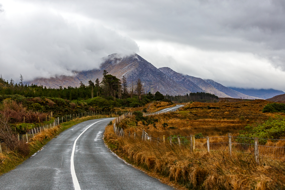 A mountain in the distance along the scenic drive of the Wild Atlantic Way.