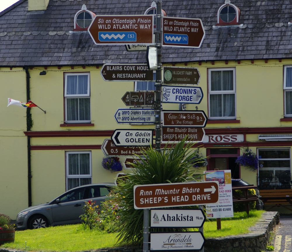 A signpost in Ireland with many confusing directions.