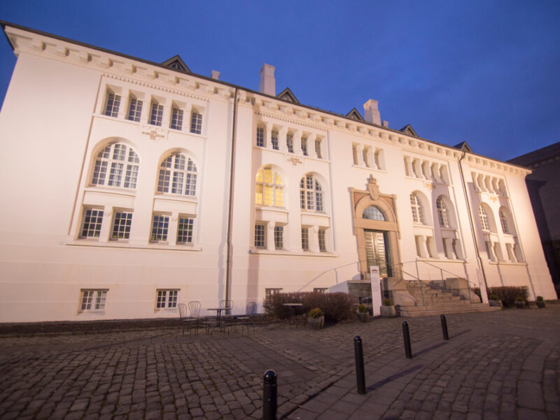 The National Museum in Reykjavik lit up at night. 