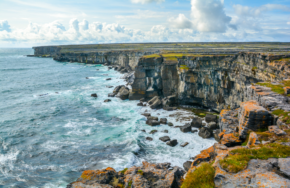 View over the cliffs and wild ocean of the Aran Islands.