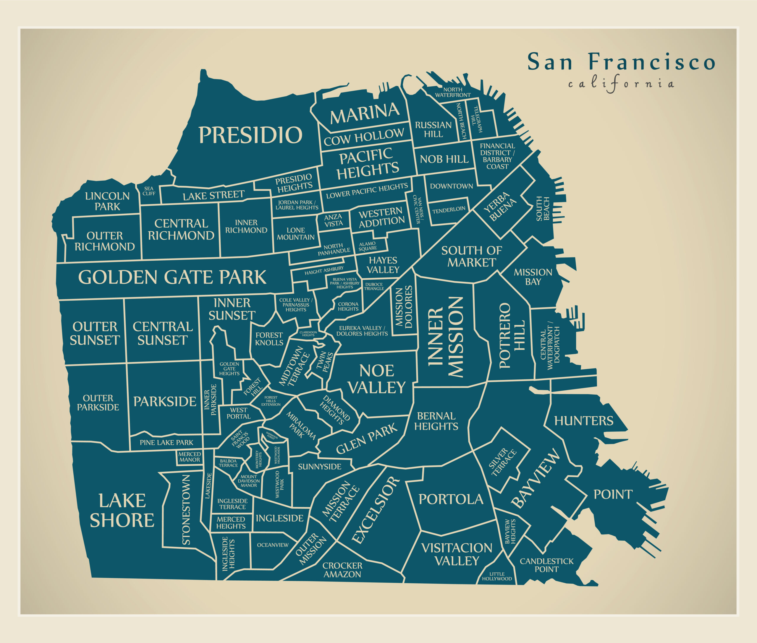 Photo of a map of San Francisco that depicts each neighborhood. 